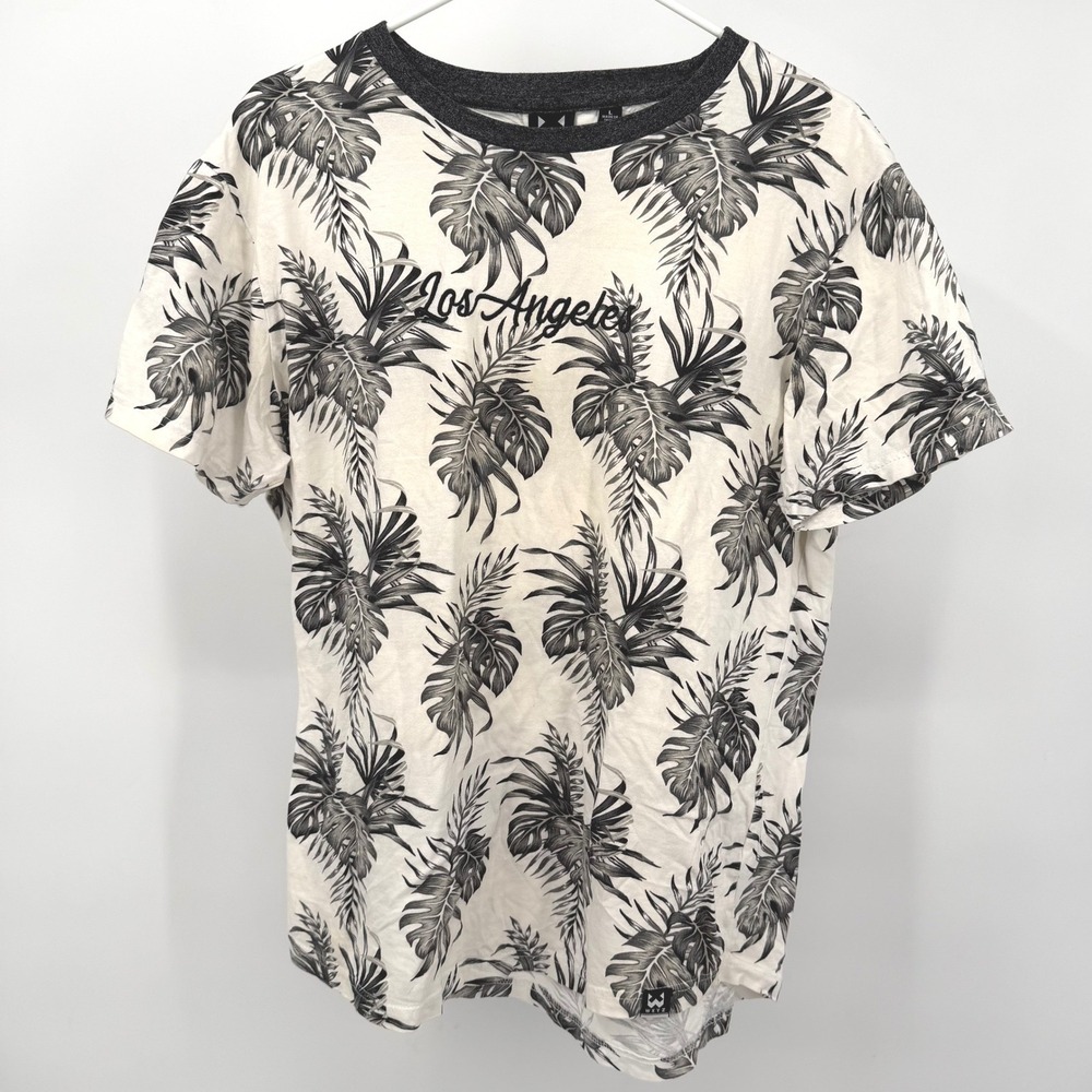 WXYZ MFG CO Mens L T-Shirt White Black Tropical Monstera Leaf Print Cotton